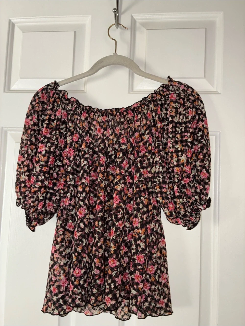 Free People Astra Peasant Top Black Pink Floral Puff Sleeve Sz S